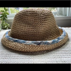 Straw hat with madras band.